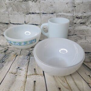 Lot Set 3 Vintage FireKing Termocrisa White Milk Glass Coffee Tea Cup Mug Bowls